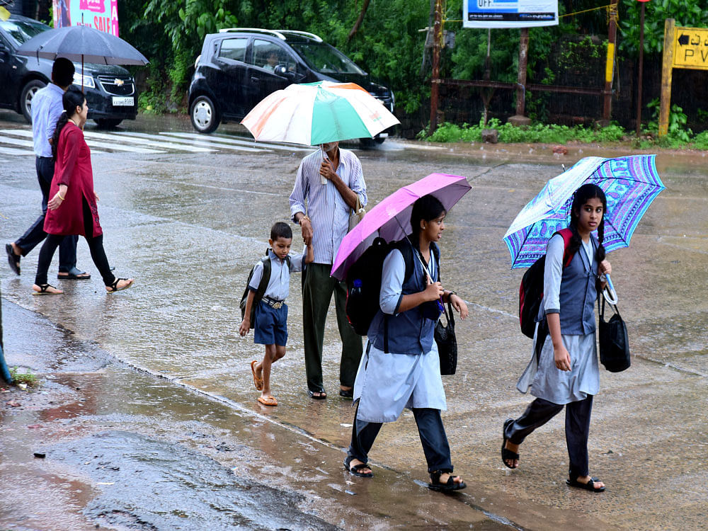 School children move with umbrellas due to heavy rain lashes, at Navbharat Circle in Mangaluru. DH Photo