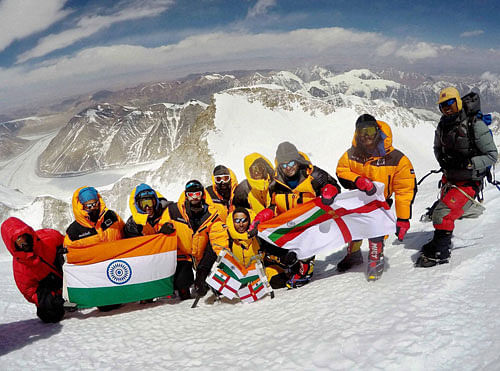 Mountaineers of Eastern Naval Command (ENC) pose for group photograph  after successfully climbing Mt. Kamet, 7756 mtrs, the third highest peak  of the country, recently. 13 mountaineers embarked on this expedition,  out of which 9 achieved the remar...