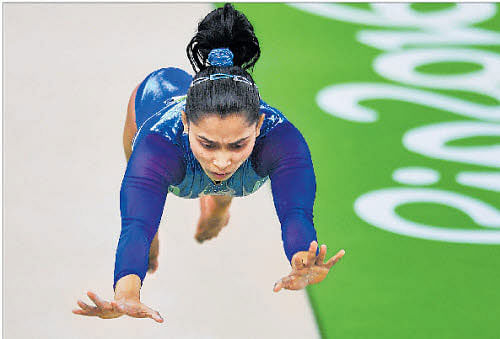 Dipa Karmakar competes in the women's vault final of the artistic gymnastics at the Olympic Arena in Rio de Janeiro. Dipa missed a bronze medal by a whisker to finish fourth. DH PHOTO/K N SHANTH KUMAR