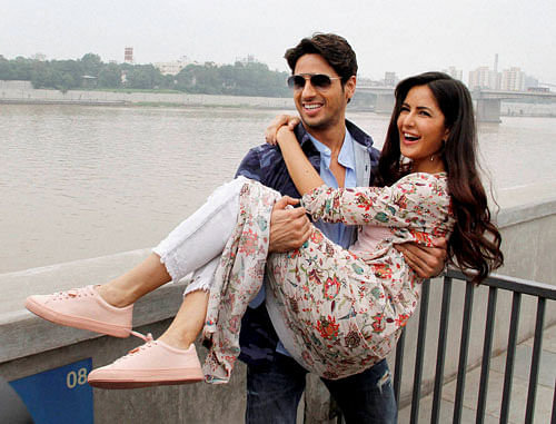 Bollywood actor Siddharth Malhotra and actress Katrina Kaif share a light moment at Sabarmati river front during a promotional event of their upcoming film “Baar Baar Dekho” in Ahmedabad on Monday. PTI Photo