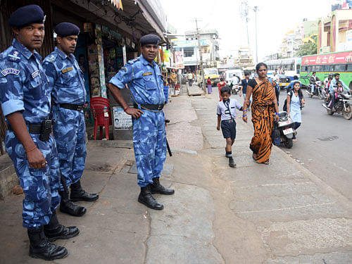 RAF tight security at Hegganahalli Bus Stand, where the Section 144 imposed continue after violence on Cauvery river water issue, in Bengaluru on Thursday 15th September 2016. DH Photo