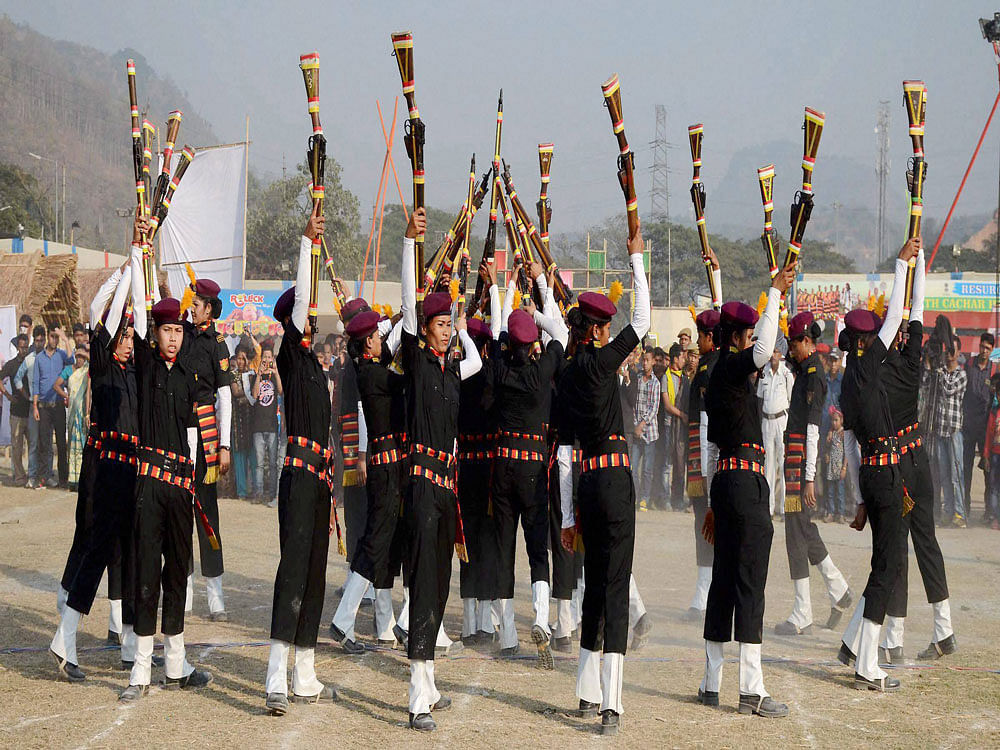 Assam Police's women commandos 'Viranagana' performing at the closing ceremony of Rongali Festival 2017 in Guwahati on Sunday. PTI Photo