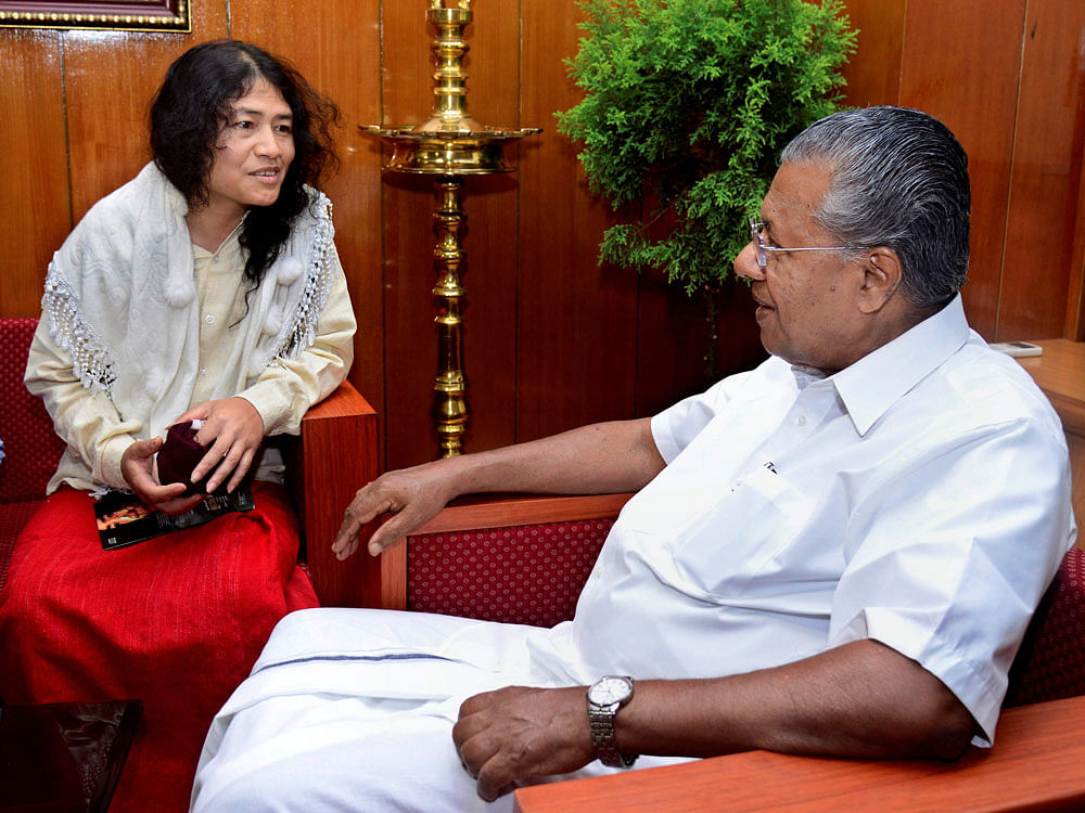  Irom Sharmila meeting Kerala Chief Minister Pinarayi Vijayan in the latter's office in Thiruvananthapuram on Monday. PTI Photo