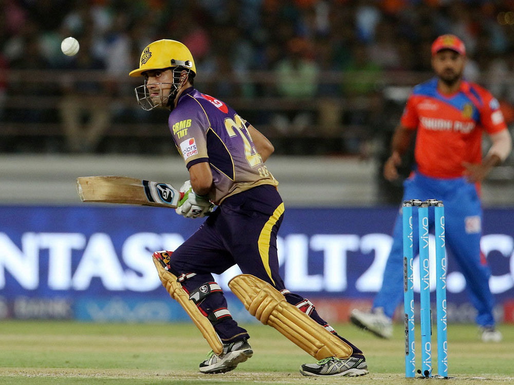 Kolkata Knight Riders captain Gautam Gambhir plays a shot during match 3 of the Vivo 2017 Indian Premier League against Gujarat Lions at the Saurashtra Cricket Association Stadium in Rajkot on Friday. PTI Photo