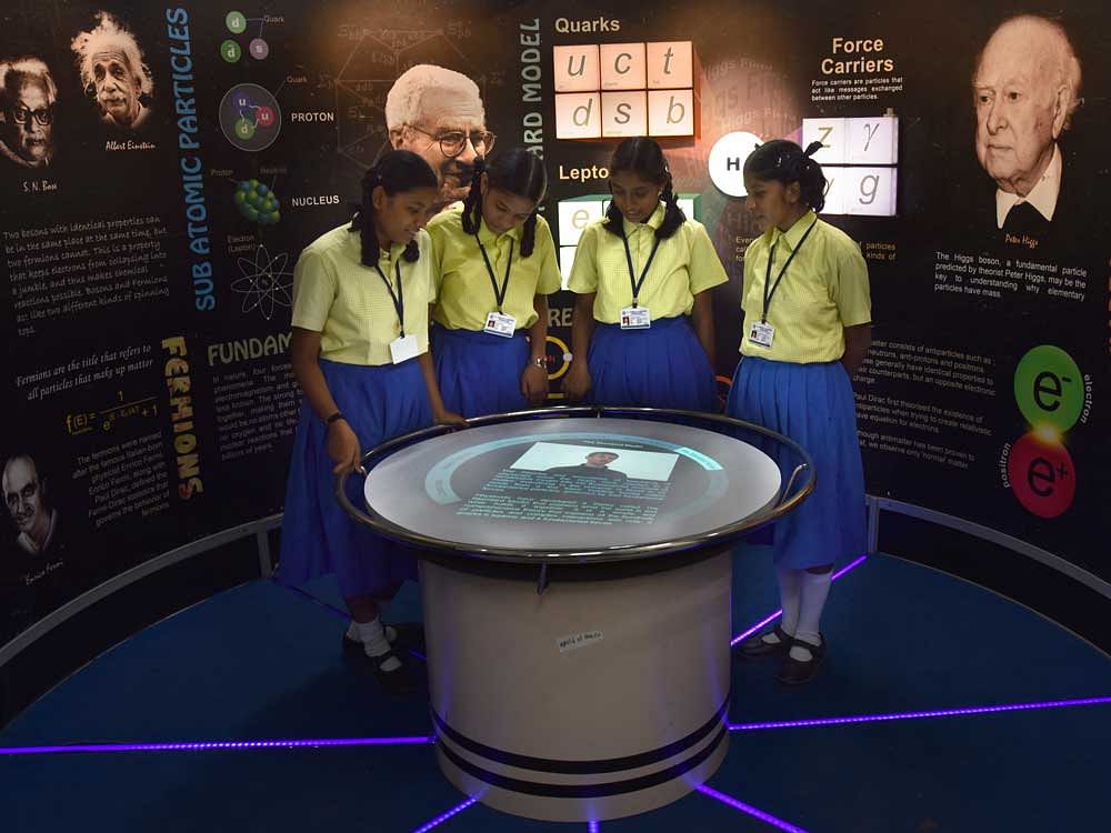 Students at the Space Exhibition at District Science Centre in Kalaburgi on Wednesday.