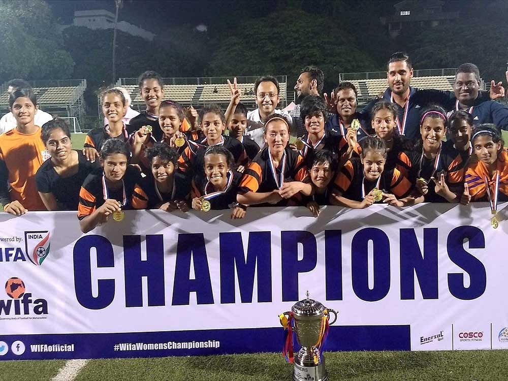 FC Pune City players celebrate after winning WIFA Women’s Championship 2017 in Mumbai on Tuesday. PTI Photo