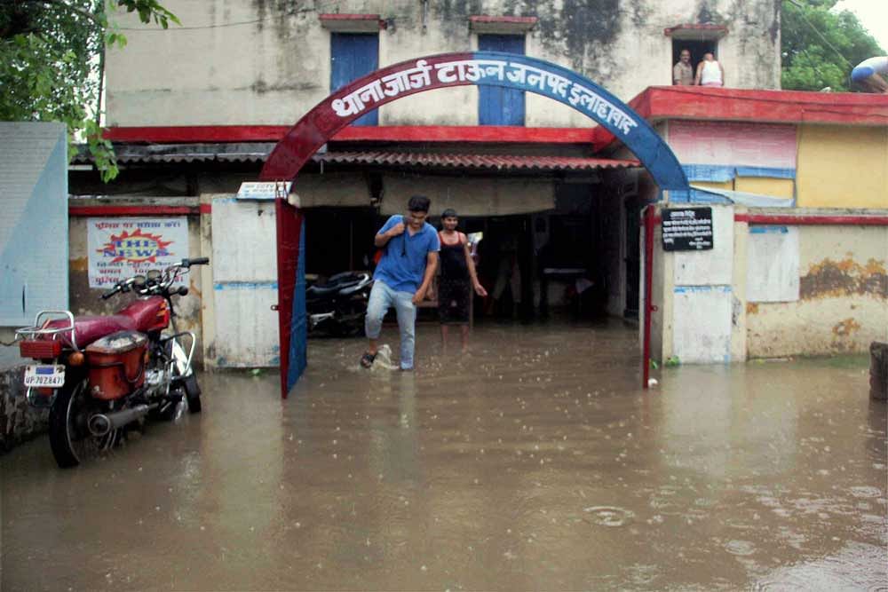 A view of George Town Police Station flooded due to heavy rains, in Allahabad on Monday. PTI