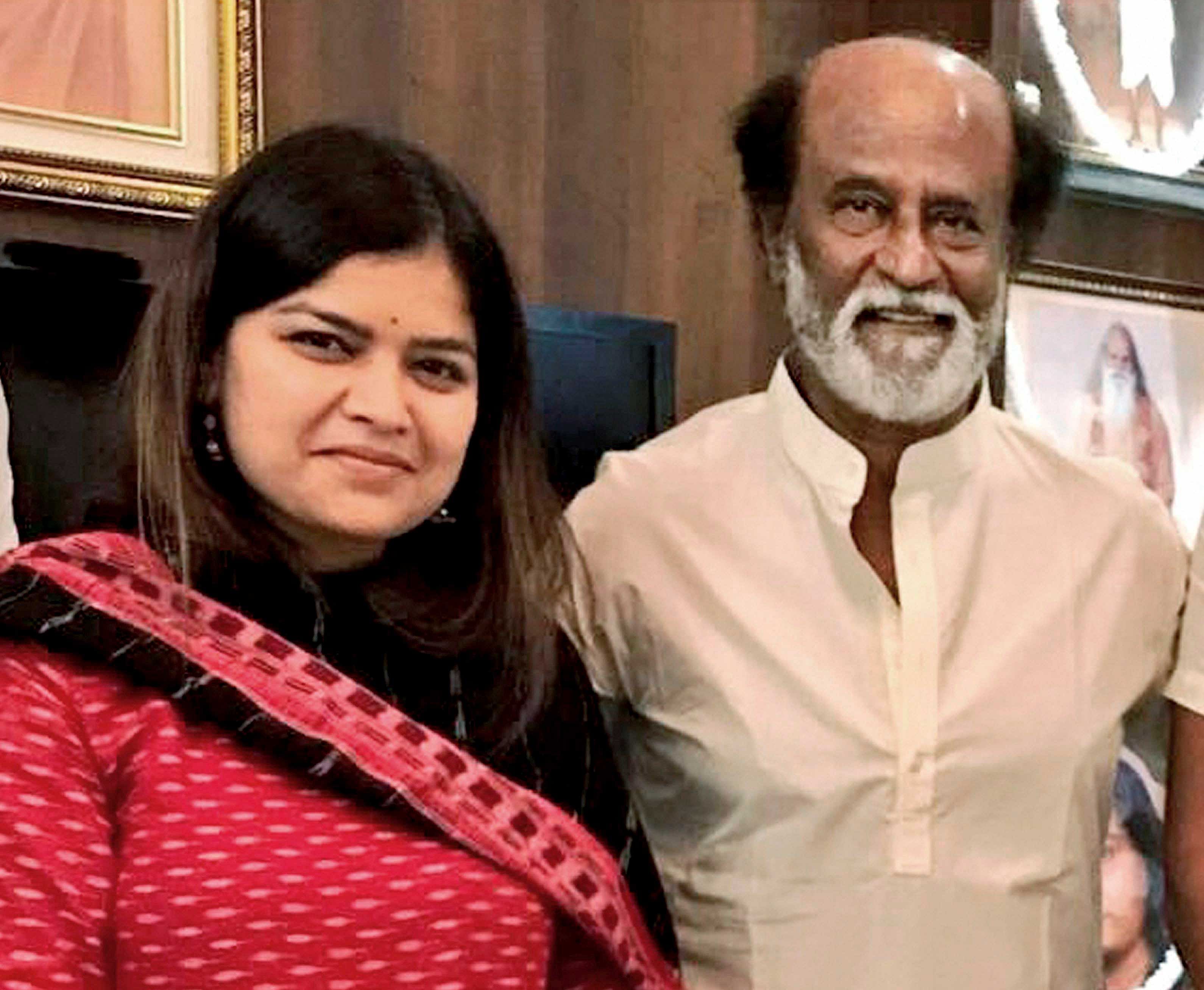 Bharatiya Janata Yuva Morcha National President Poonam Mahajan with superstar Rajinikanth at his residence in Chennai on Sunday. PTI Photo