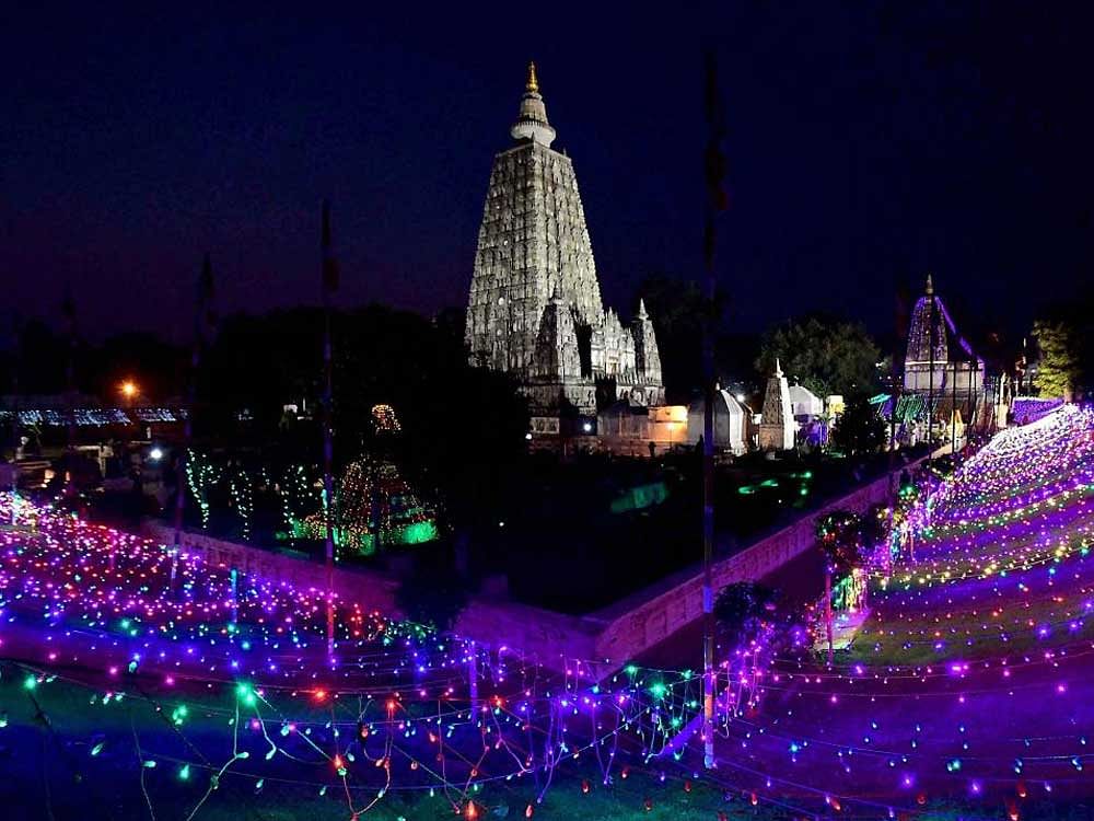  A view of the illuminated Mahabodhi Temple in Gaya on Friday.