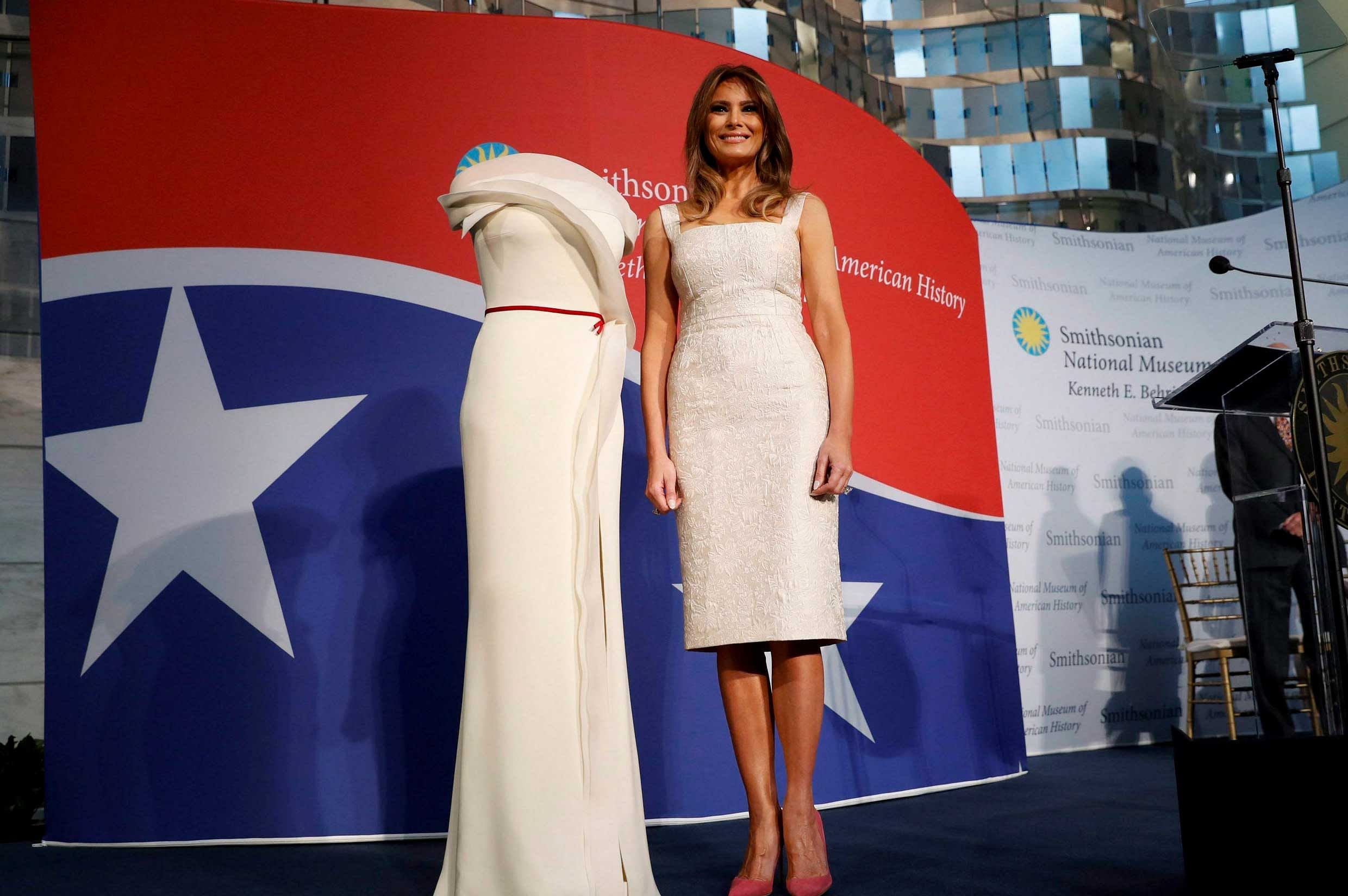 First lady Melania Trump donates her inaugural gown, designed by Herve Pierre, to the First Ladies' Collection at the Smithsonian's National Museum of American History, during a ceremony in Washington, Friday, Oct. 20, 2017. AP/ PTI