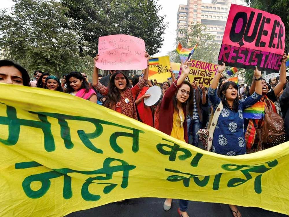 Members and supporters of the LGBT (lesbians, gays, bisexual and transgender) groups during Delhi's 10th Queer Pride march in New Delhi on Sunday. 