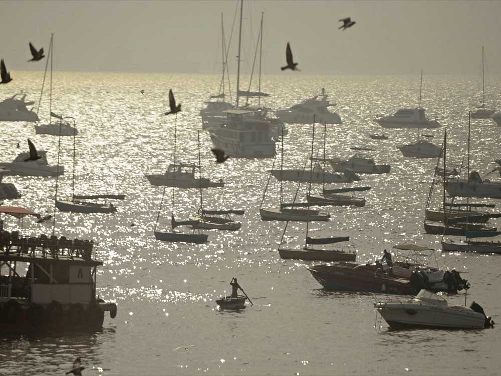  A man rows his boat across the harbour in Mumbai on Wednesday. 