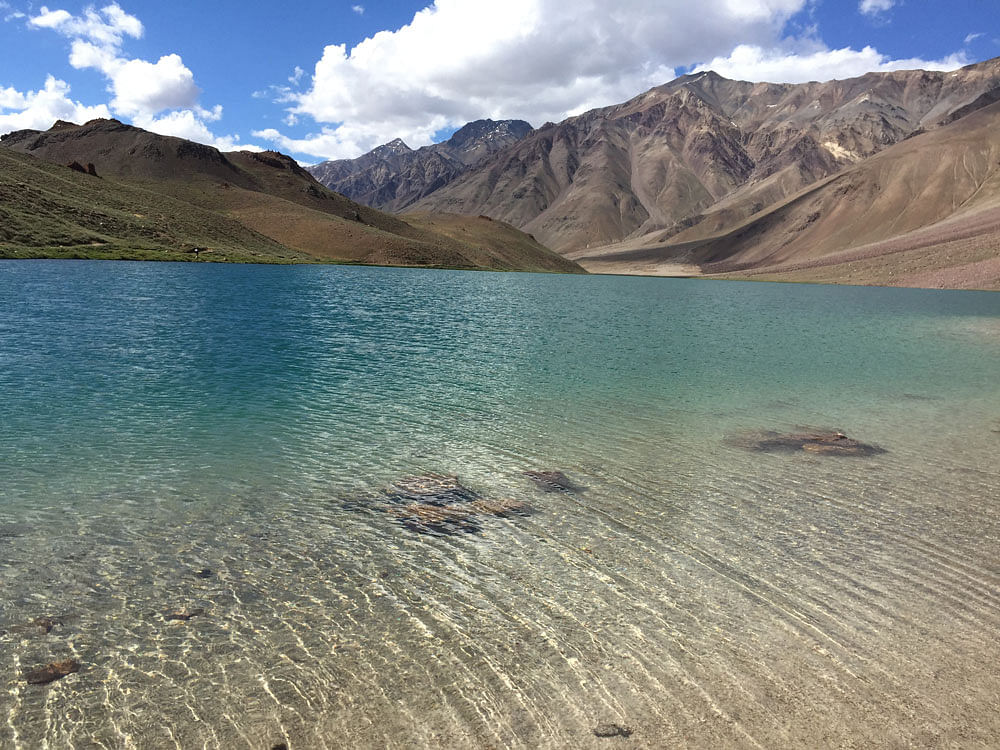 View of Chandra Tal Lake in Hampta Pass, Himachal Pradesh 
