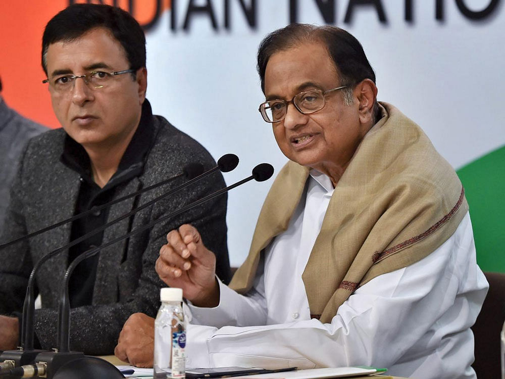 Congress leader and former Finance Minister P Chidambaram addresses a press conference in New Delhi on Thursday. PTI Photo