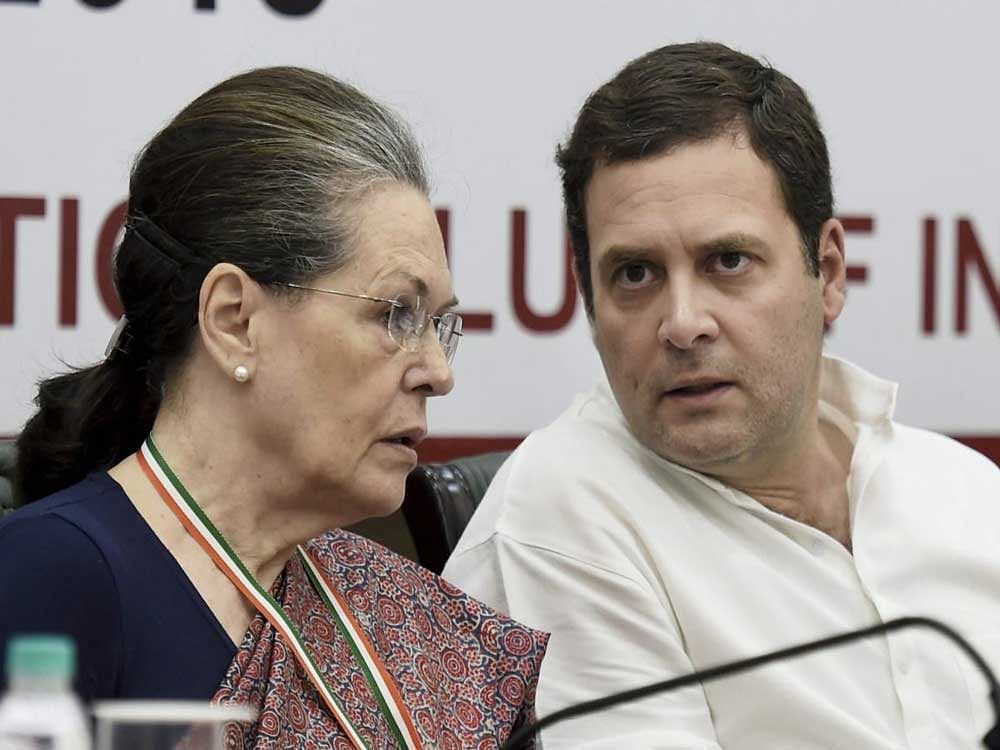 UPA Chairperson Sonia Gandhi and Congress President Rahul Gandhi during the Congress Steering Committee Meeting at Constitution Club in New Delhi on Friday. PTI Photo