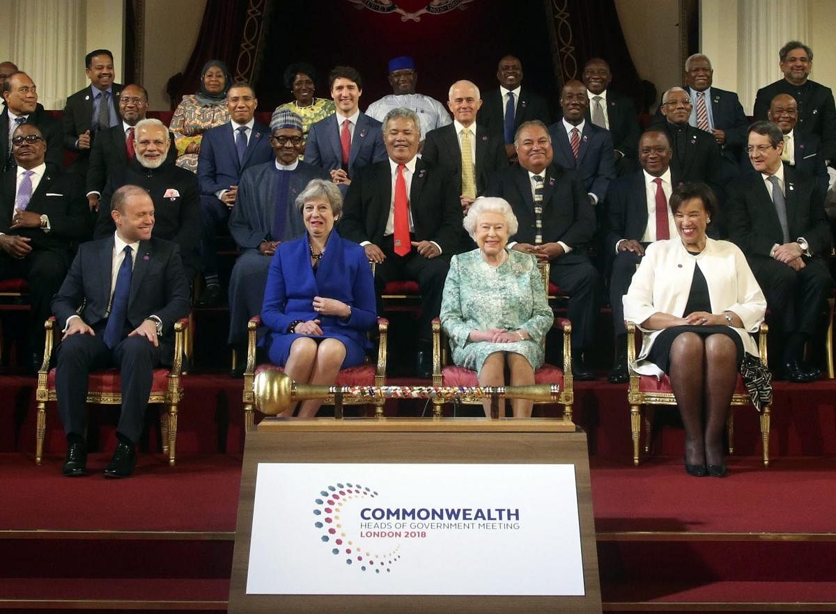 Commonwealth leaders pose for a group photograph with Britain's Queen Elizabeth II, front center right, during the formal opening of the Commonwealth Heads of Government Meeting in the ballroom at Buckingham Palace in London, Thursday April 19, 2018. AP/PTI