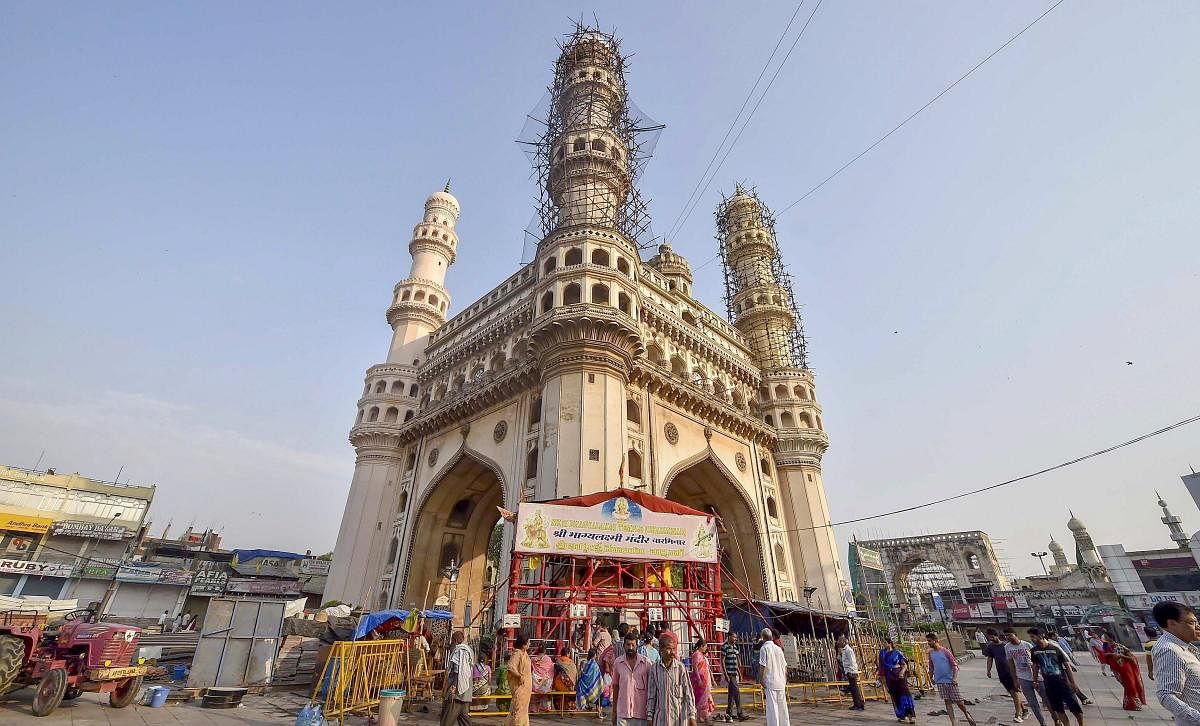 Renovation works underway near historic Charminar in Hyderabad. PTI Photo