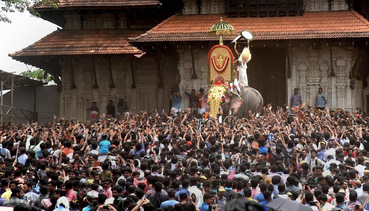 Elephant Thechikottukavu Ramachandran opens the door of the southern Gopuram of the Vadakkumnathan temple to formally begin the Thrissur Pooram on Tuesday. PTI Photo