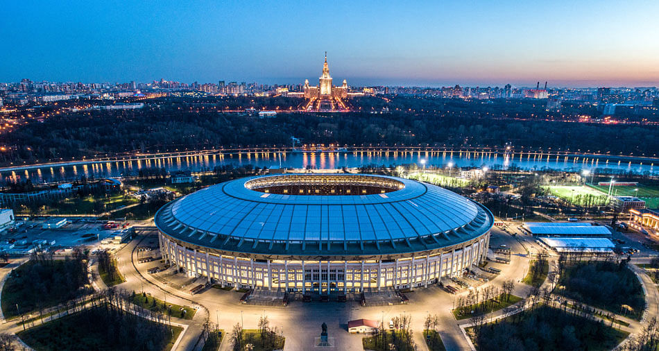 An aerial view taken with a drone shows the Luzhniki stadium and the main building of the Moscow State University in   Moscow. Source: Dmitry SEREBRYAKOV / AFP