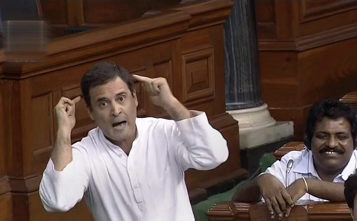 Congress President Rahul Gandhi speaks in the Lok Sabha on the 'no-confidence motion' during the Monsoon Session of Parliament, in New Delhi. (PTI Photo)