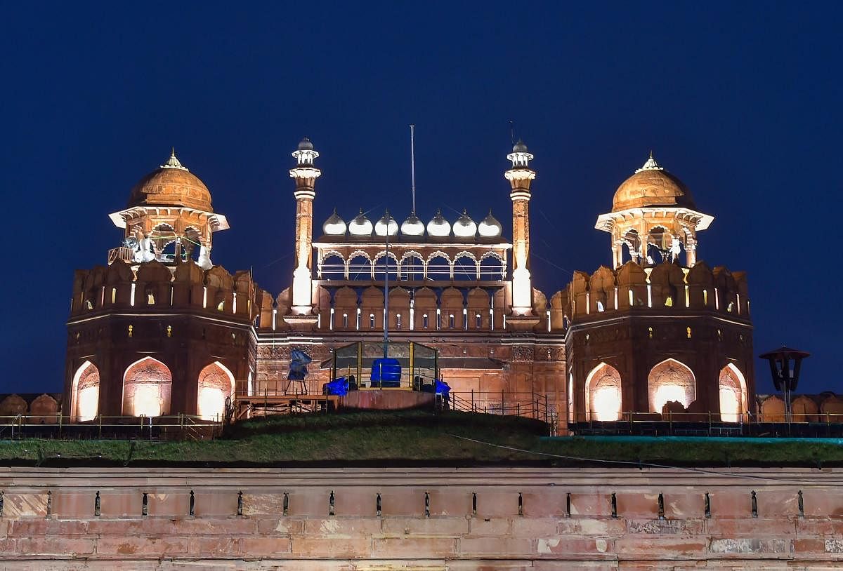 The historic Red Fort after its first ever illumination, ahead of the Independence Day celebrations, in New Delhi on Friday, Aug 10, 2018. (PTI Photo)