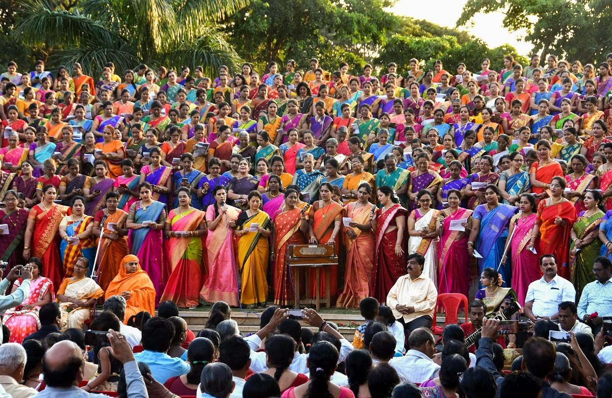 Women perform during a function organised by Dr Gangubai Hanagal Music Foundation, in Hubballi, Sunday, Oct 28, 2018. (PTI Photo)