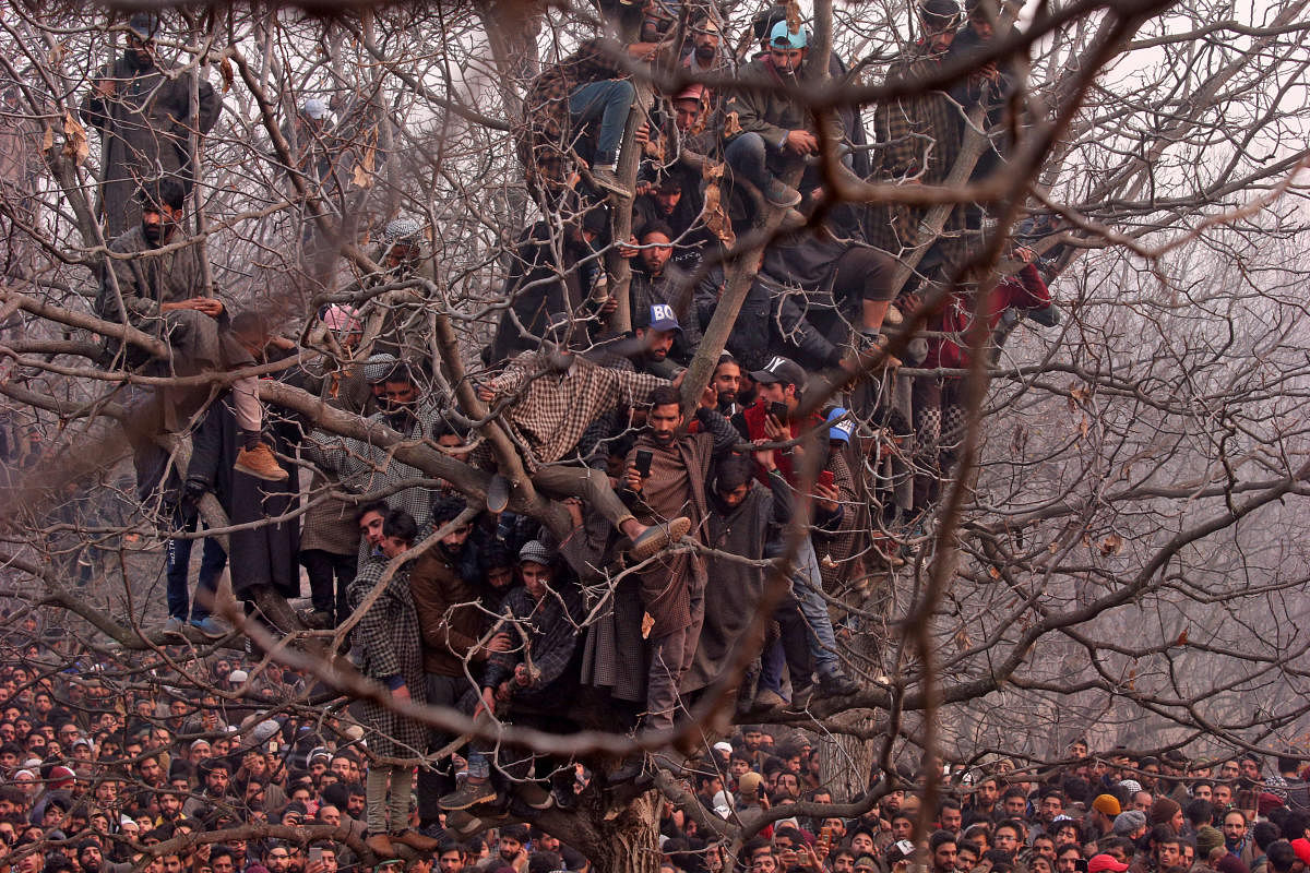 People sit in a tree as they wait to offer funeral prayers for Mohd Waseem Wagay, a suspected militant, who according to local media was killed in a gun battle with Indian security forces, at Amshipora village in south Kashmir's Shopian district November 25, 2018. REUTERS/Danish Ismail 
