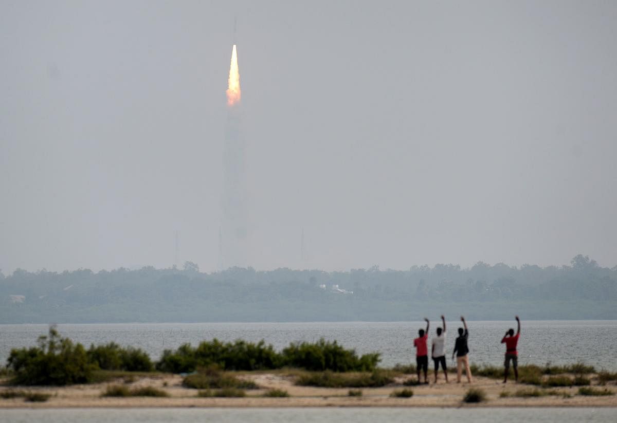 The Indian Space Research Organisation's (ISRO) earth observation satellite HysIS is launched on board the Polar Satellite Launch Vehicle (PSLV-C43) at the Satish Dhawan Space Centre (SDSC) in Sriharikota on November 29, 2018. (Photo by Arun SANKAR / AFP)