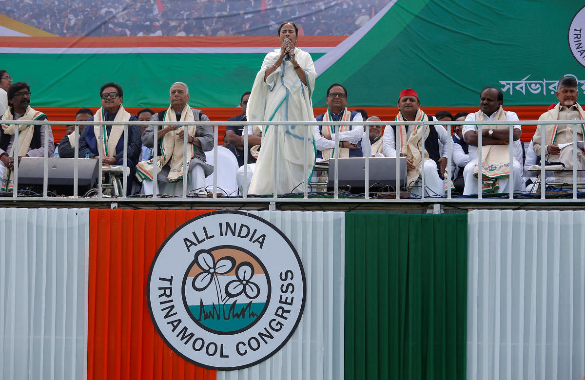 Mamata Banerjee speaks during "United India" rally attended by the leaders of India's main opposition parties ahead of the general election, in Kolkata. (Reuters Photo/Rupak De Chowdhuri)
