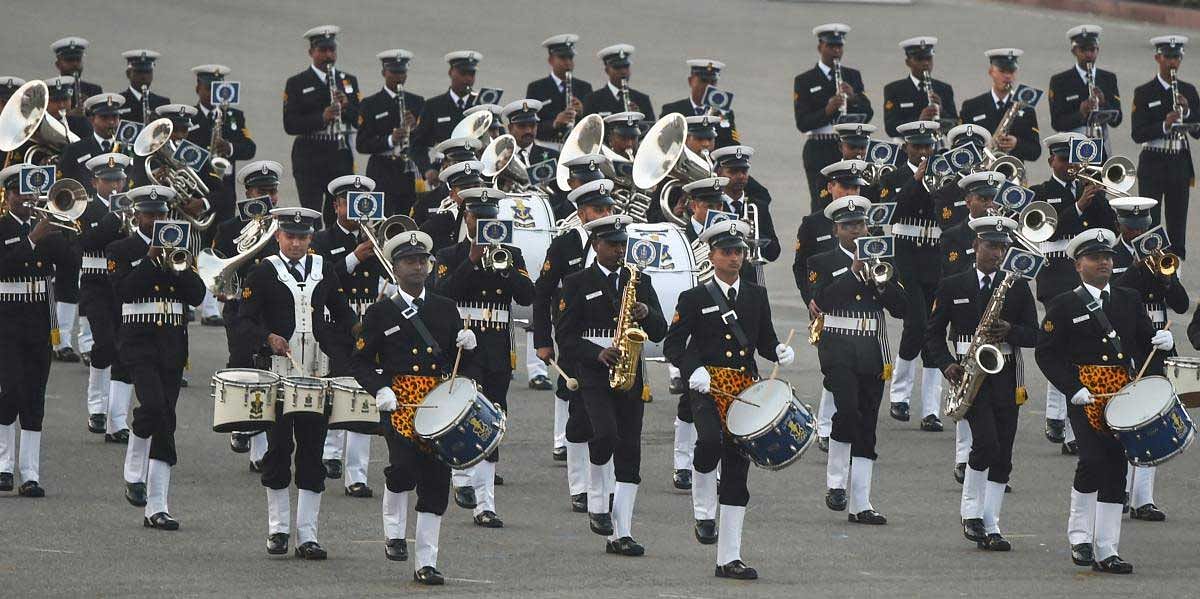 The Naval brass band performs during a full dress rehearsal for the Beating Retreat ceremony at Vijay Chowk, in New Delhi, Sunday, Jan 27, 2019. (PTI Photo)
