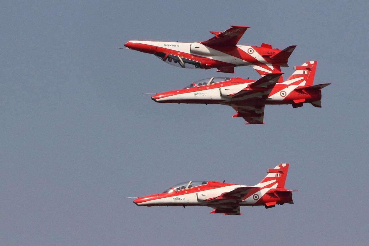 Jorhat: Indian Air Force's 'Surya Kiran' team display acrobatics during the diamond jubilee celebration of IBEXES (43 Squadron), at Air Force Station in Jorhat, Sunday, Feb. 03, 2019. (PTI Photo)