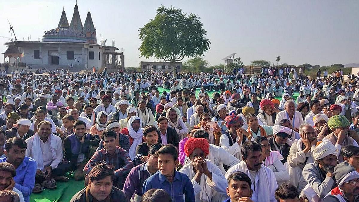 Members of the Gujjar community hold a dharna demanding reservation, in Sawai Madhopur, Friday, Feb 8, 2019. Gujjar leader Kirori Singh Bainsla today, started a dharna along with his supporters on the railway tracks in Rajasthan's Swai Madhopur district, demanding reservation for five communities including Gujjars. (PTI Photo) 