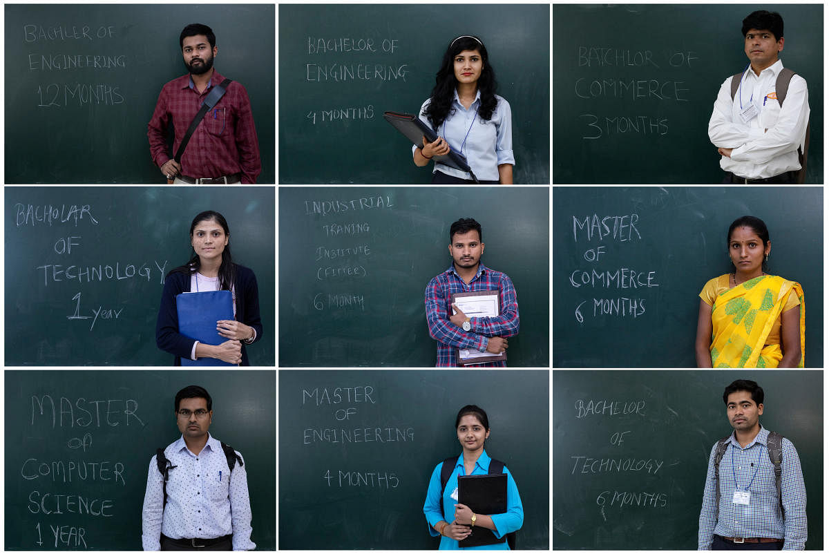 A combo shows unemployed people posing in front of a chalkboard with their qualifications during a job fair in Chinchwad, India, February 7, 2019. (Top L-R) Rahul Dandwate , a 26-year-old, Tejaswini Shelake, a 23-year-old, Mandar Gosavi, a 38-year-old, (Center L-R) Ashwani Khabale, a 21-year-old, Vikas Kamble, a 27-year-old Kajal Ithape, a 25-year-old, (Bottom L-R) Pankaj Kumbhakarn, a 27-year-old, Gayatri, a 24-year-old, Santosh Gurav, a 27-year-old. 