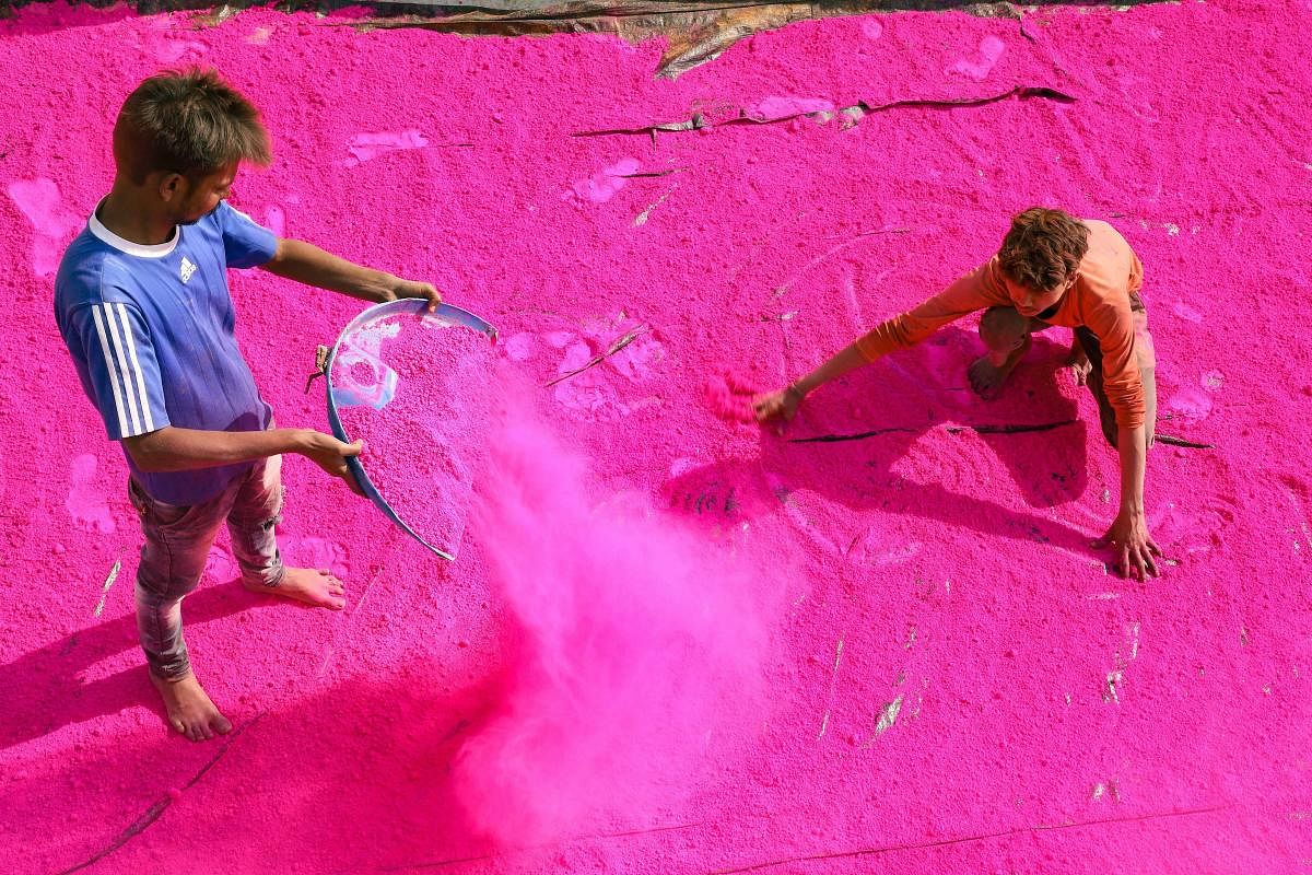 A worker seives coloured powder to be used during the upcoming festival of Holi, at a factory on the outskirts of Jabalpur. (PTI Photo) 