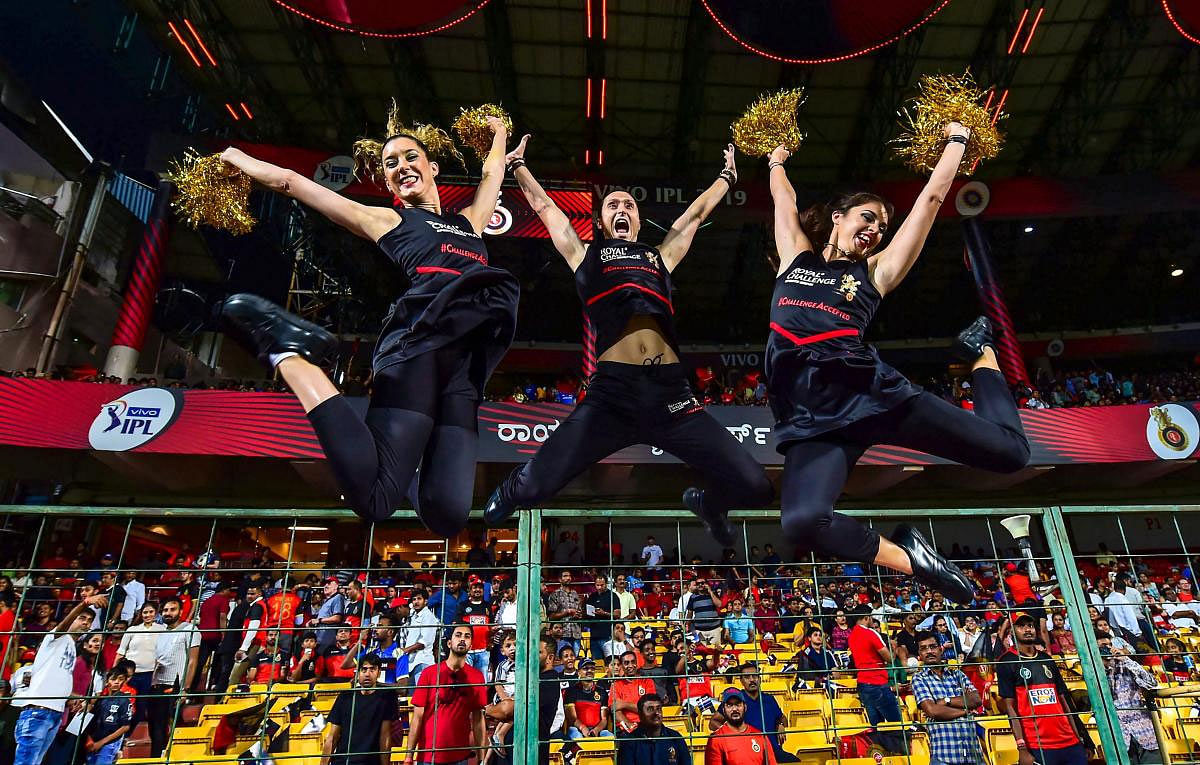Cheerleaders of RCB during the Indian Premier League 2019 (IPL T20) cricket match between Royal Challengers Bangalore (RCB) and Mumbai Indians (MI), at Chinnaswamy Stadium in Bengaluru, Thursday, March 28, 2019. (PTI Photo)