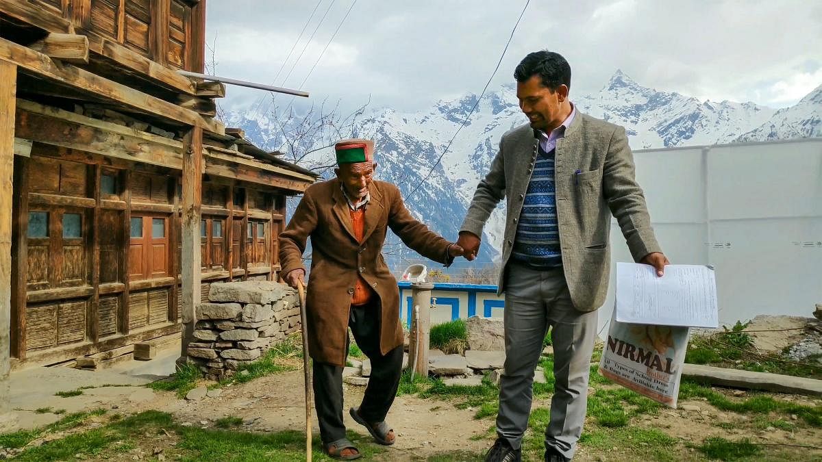Shyam Sharan Negi, independent India’s first voter at his residence in Kalpa, of Himachal Pradesh's Kinnaur district, on Friday, April 05, 2019. (PTI Photo)