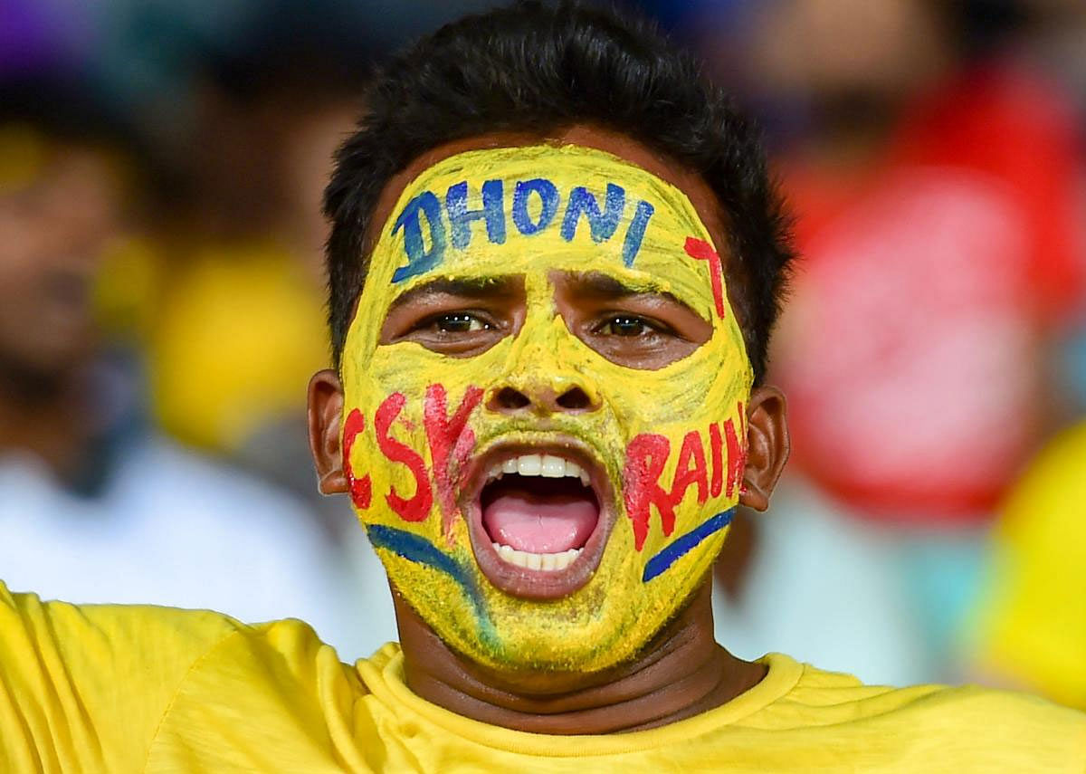 A CSK fan cheers up for his team during the Indian Premier League 2019 (Qualifier 2) cricket match between Chennai Super Kings (CSK) and Delhi Capitals (DC), at ACA-VDCA Cricket stadium, in Visakhapatnam, Friday, May 10, 2019. (PTI Photo)