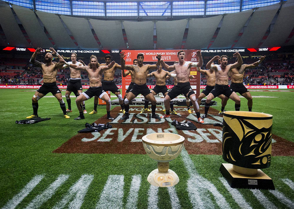 New Zealand players perform the haka after defeating South Africa during the World Rugby Sevens Series' Canada Sevens Cup final in Vancouver, Canada, Sunday, March 13, 2016. AP/PTI