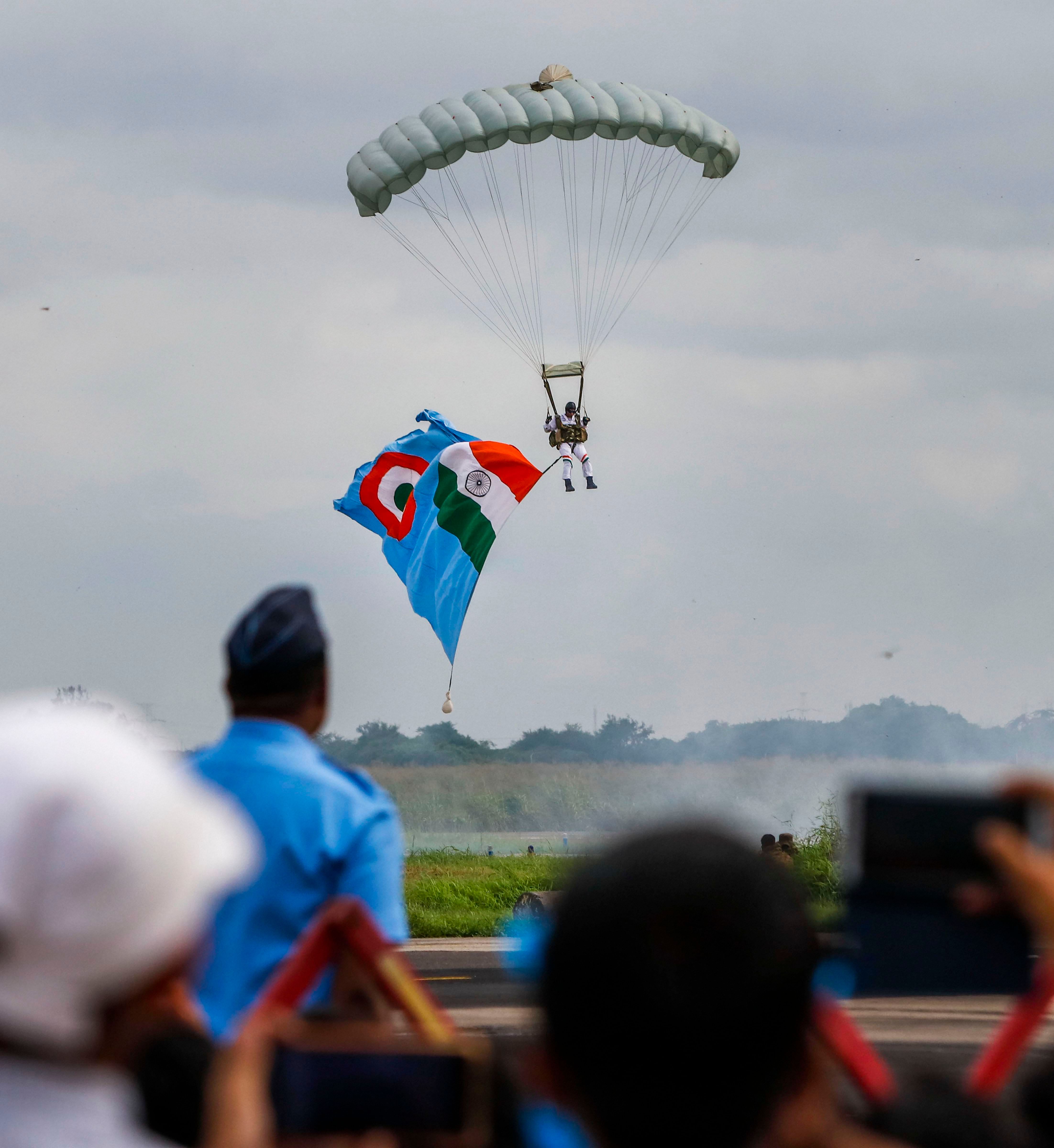 Akash Ganga, the skydiving team of the Indian Air Force (IAF), rehearse for the upcoming Air Force Day. (PTI)