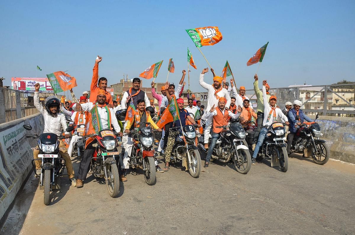  BJP workers take part in Kamal Sandesh Bike rally in Mirzapur on Saturday. PTI Photo 