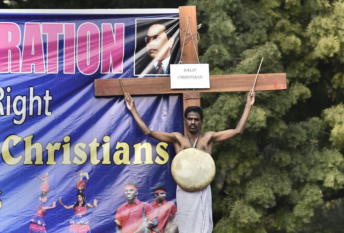 Dalits members from Christian and Muslim community from Tamil Nadu stage a Drum Dance demonstration demanding Scheduled Caste status, in New Delhi. (PTI Photo)