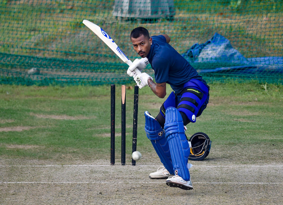 Indian cricketer Hardik Pandya during a practice session ahead of their 2nd T-20 match against South Africa, in Mohali, Monday, Sept. 16, 2019. (PTI Photo)