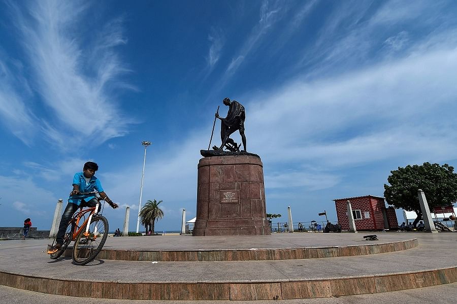 The famous Mahatma Gandhi statue depicting the 'Dandi March', which was unveiled by the late Prime Minister Jawaharlal Nehru in 1959, at the Marina beach, in Chennai. (PTI)
