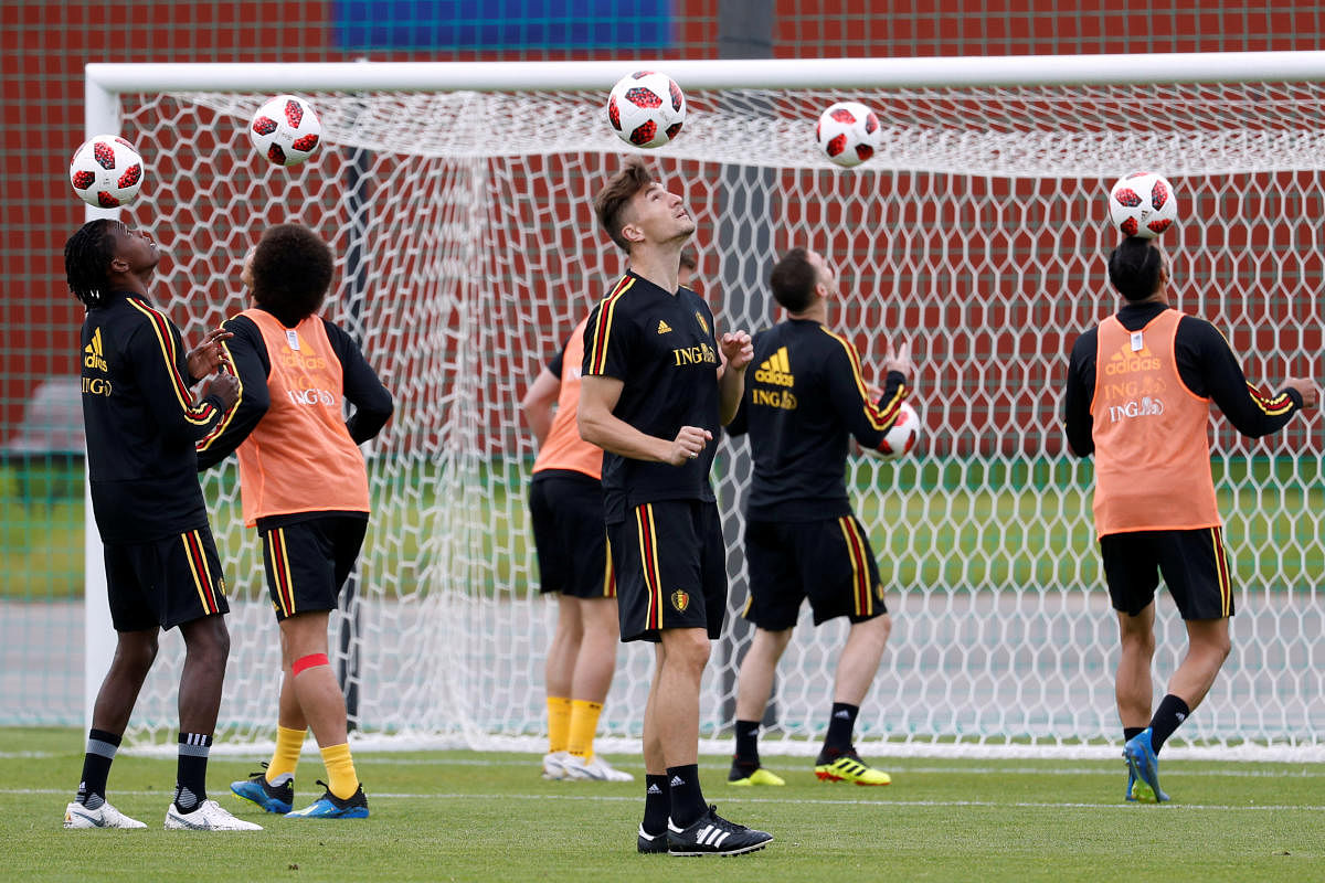 Belgium's Thomas Meunier and team mates during training. Reuters