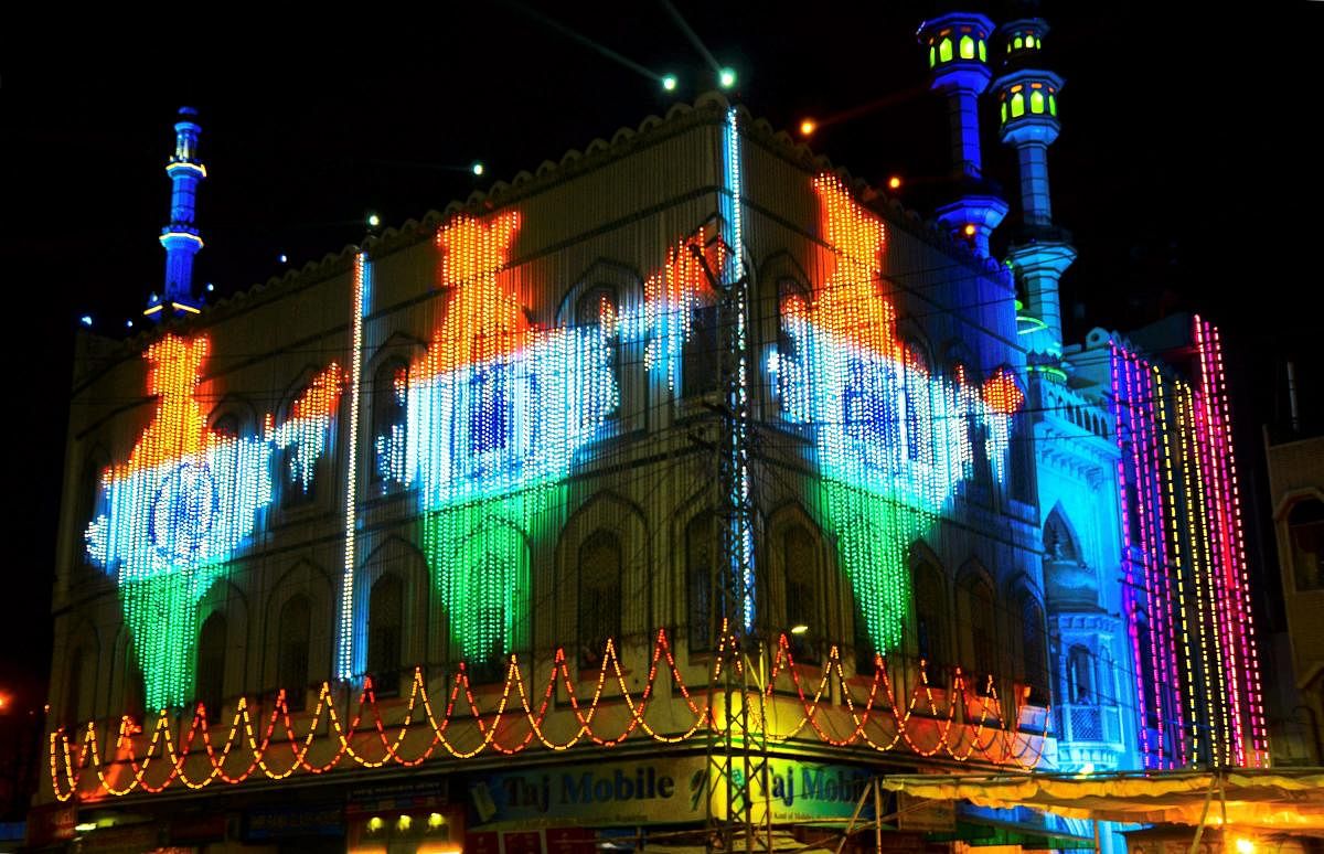 A mosque lit up with a map of India during the holy month of Ramadan, in Bhilwara on Tuesday. PTI Photo
