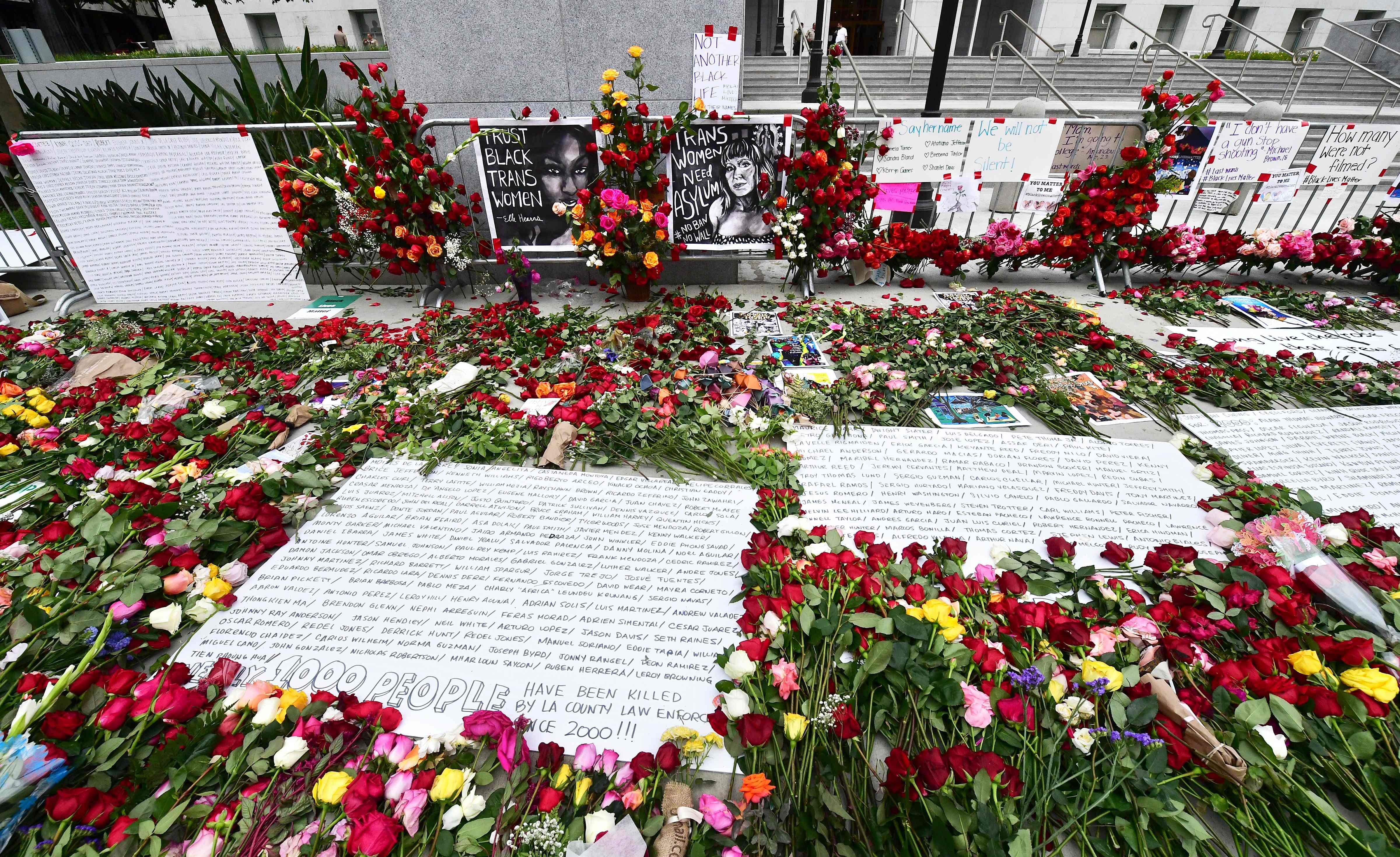 Names of 1000 people killed by LA County law enforcement since 2000 are seen among a growing pile of roses placed throughout the day in front of the Hall of Justice in Los Angeles. (AFP Photo)