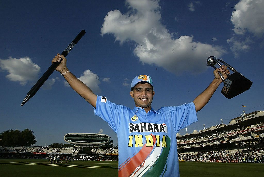 Captain Sourav Ganguly with the Trophy during the match between England and India in the NatWest One Day Series Final at Lord's in London, England on July 13, 2002. Credit: Getty Images