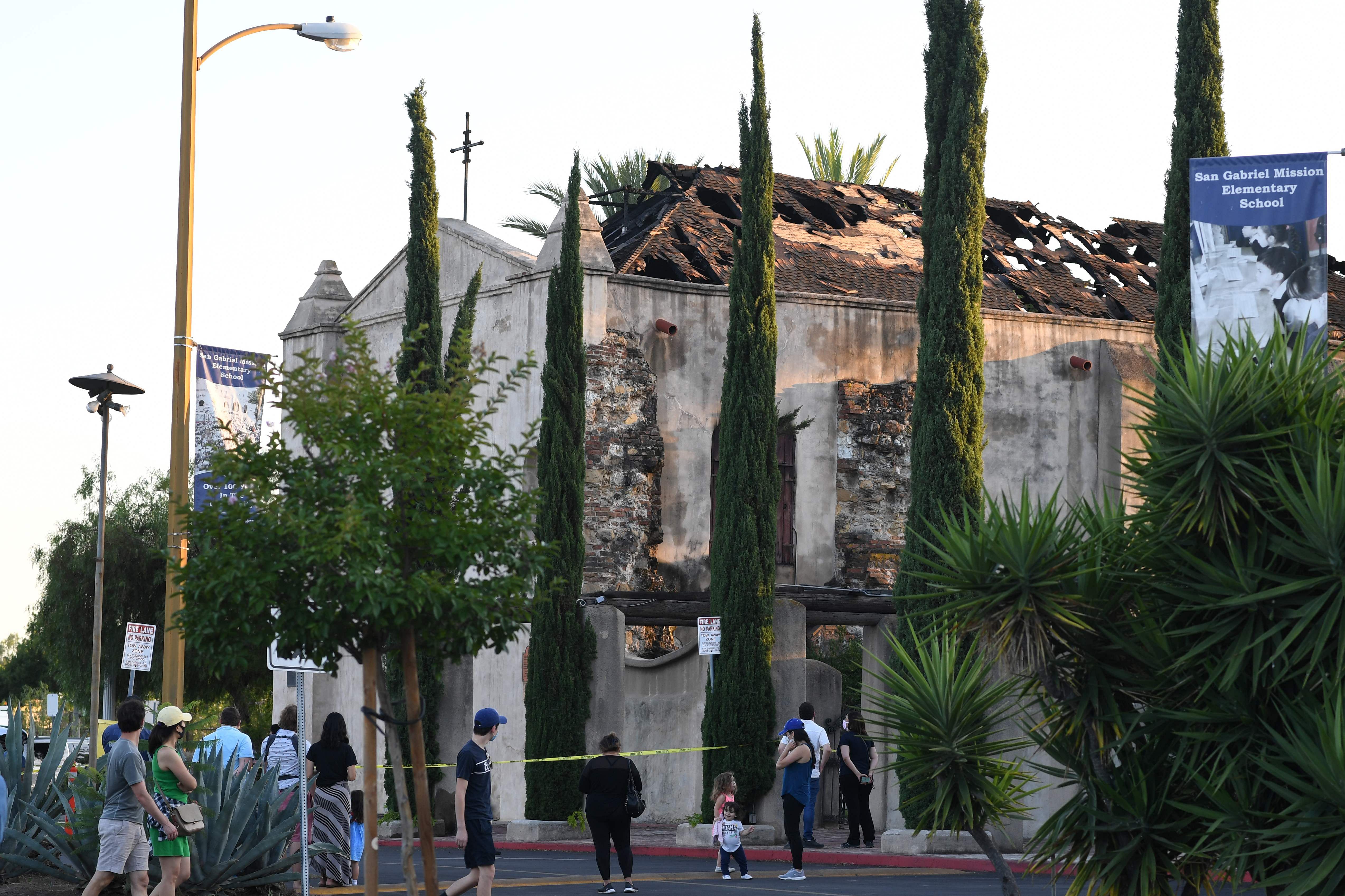 The damaged roof of the San Gabriel Mission is seen after a fire broke out early on July 11, 2020, in San Gabriel, California. Credits: AFP Photo