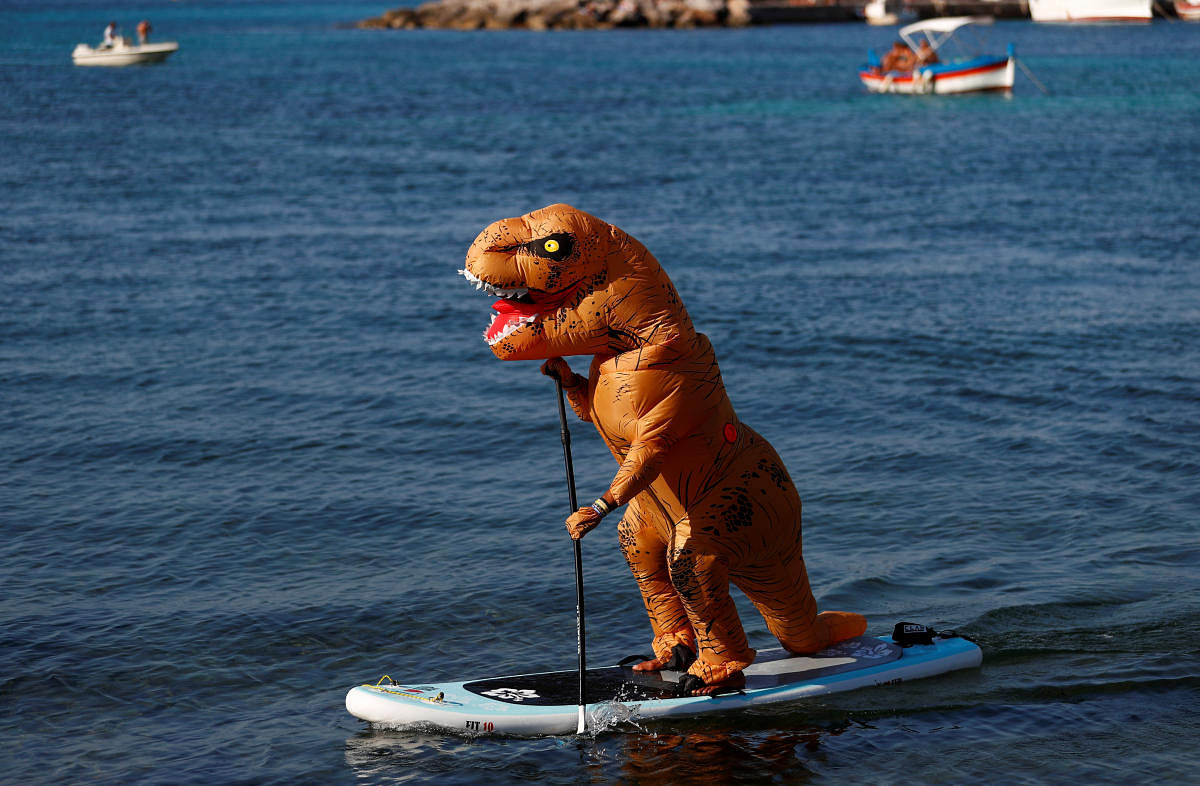 A man wearing a T-Rex costume stands on a paddle board during hot weather at Sferracavallo beach, following the outbreak of the coronavirus disease in Palermo, Italy. Credit: Reuters