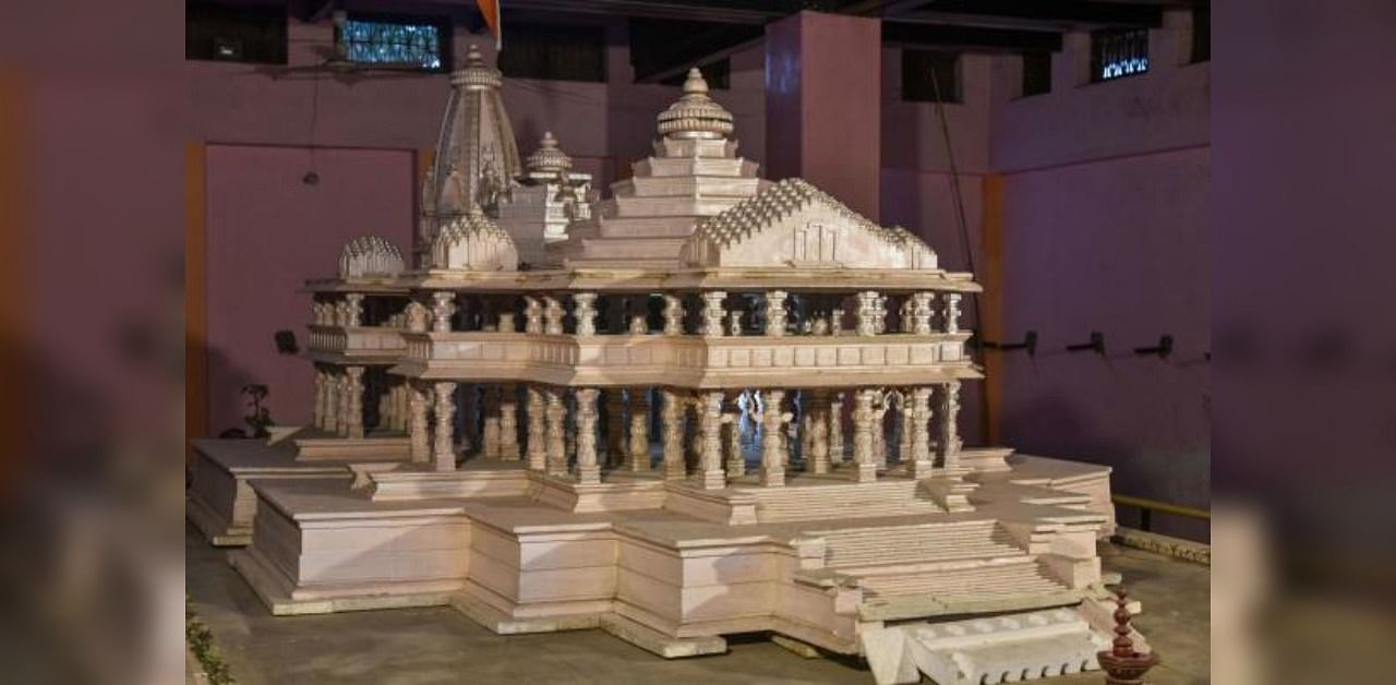A model of Ram temple displayed at Kar Sewak Puram in Ayodhya. Credit: PTI Photo